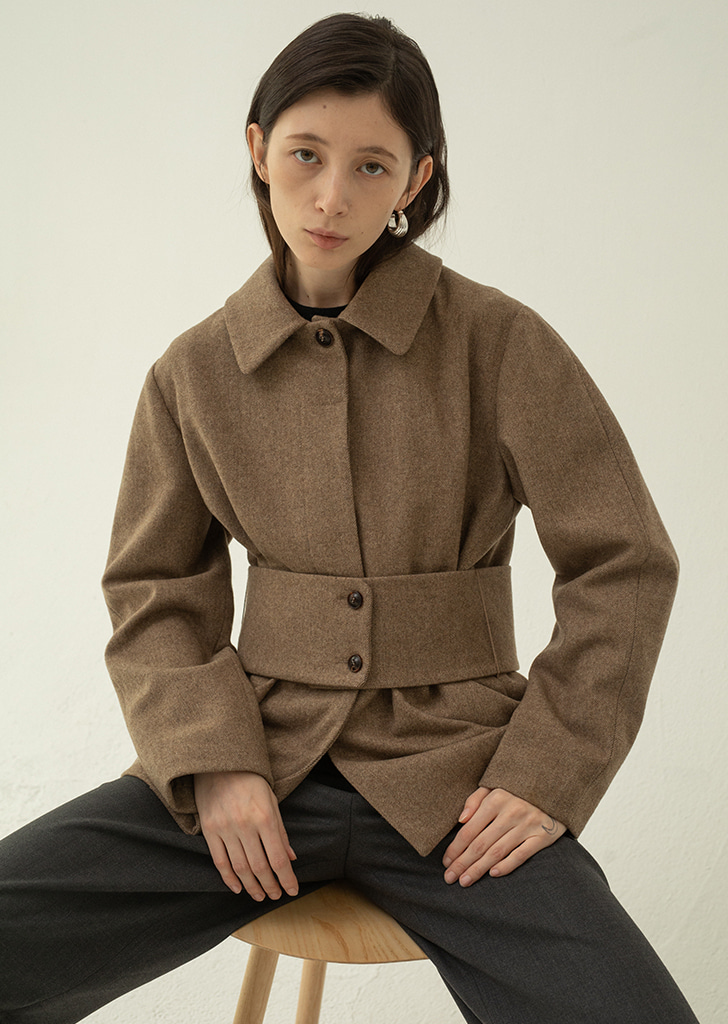 Wide Belted Wool Jacket - Brown