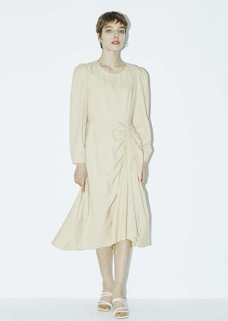 Long Sleeve Shirring Midi Dress - Light Beige