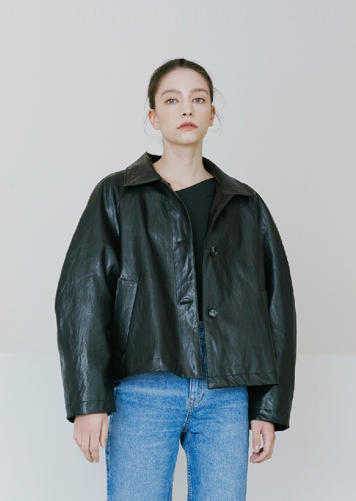 Raglan Fake Leather Short Coat - Black