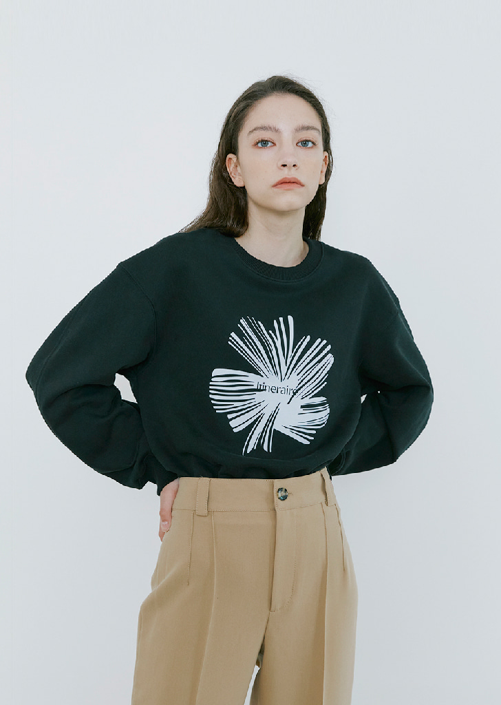 [Re-stock] Flower Print Crop Sweat Shirt - Black