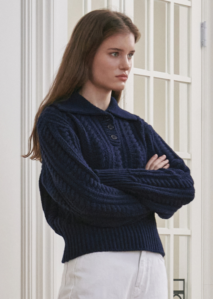 Cable Collar Wool Knit - Deep Navy