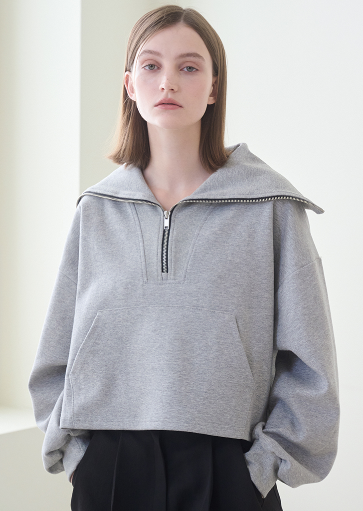Wide Collar Zip Up T-Shirts - M. Gray