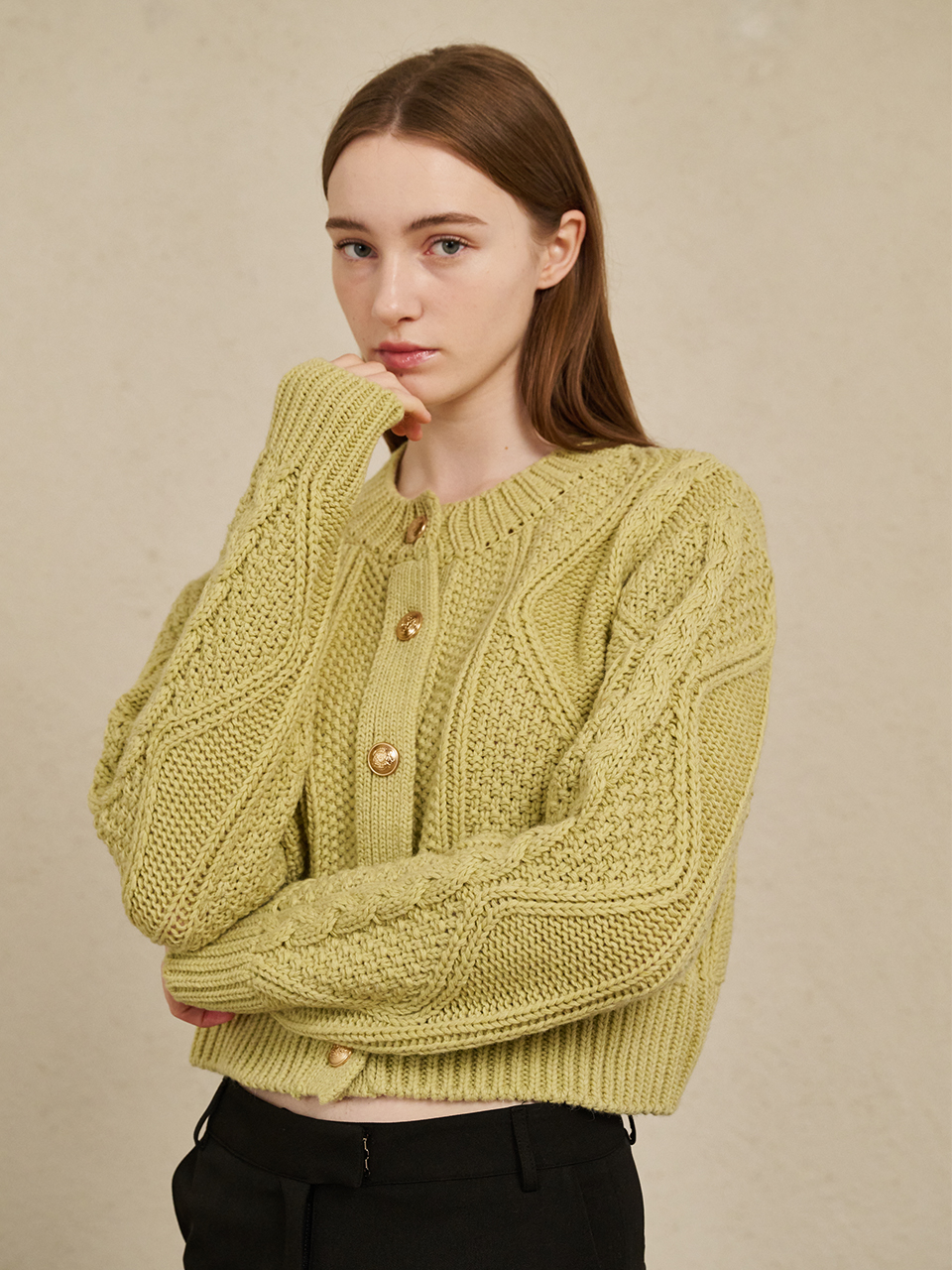 Cable Wool knit Cardigan-Melon