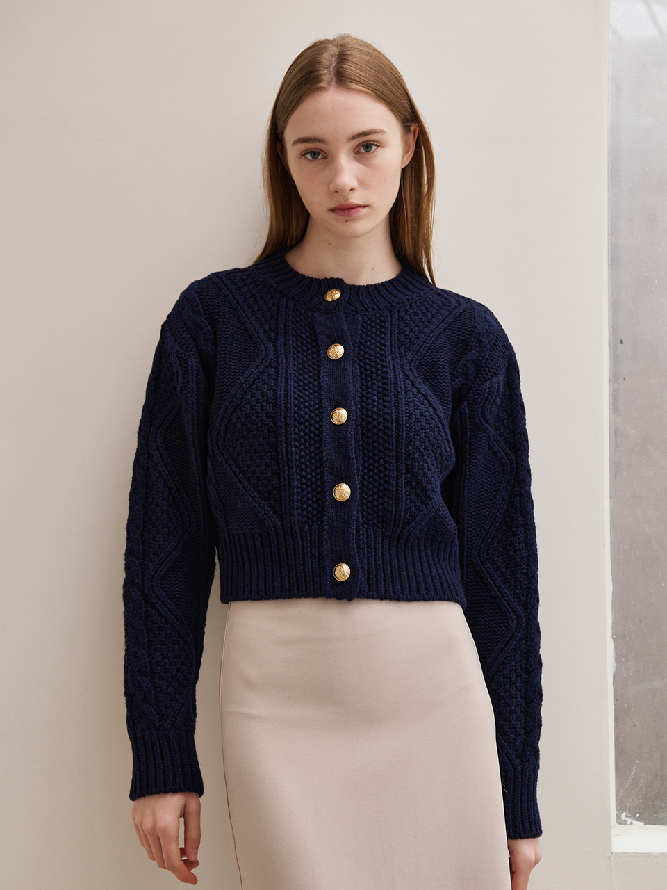 Cable Wool knit Cardigan-Navy