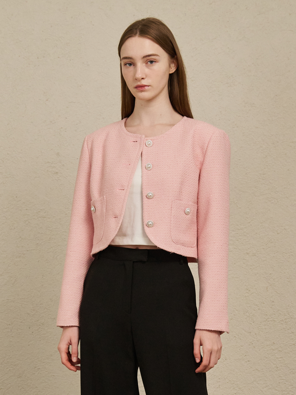 Tweed Pearl Button Jacket - Pink