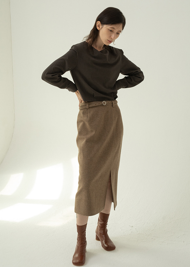 Belted Slit wool Skirt - Brown