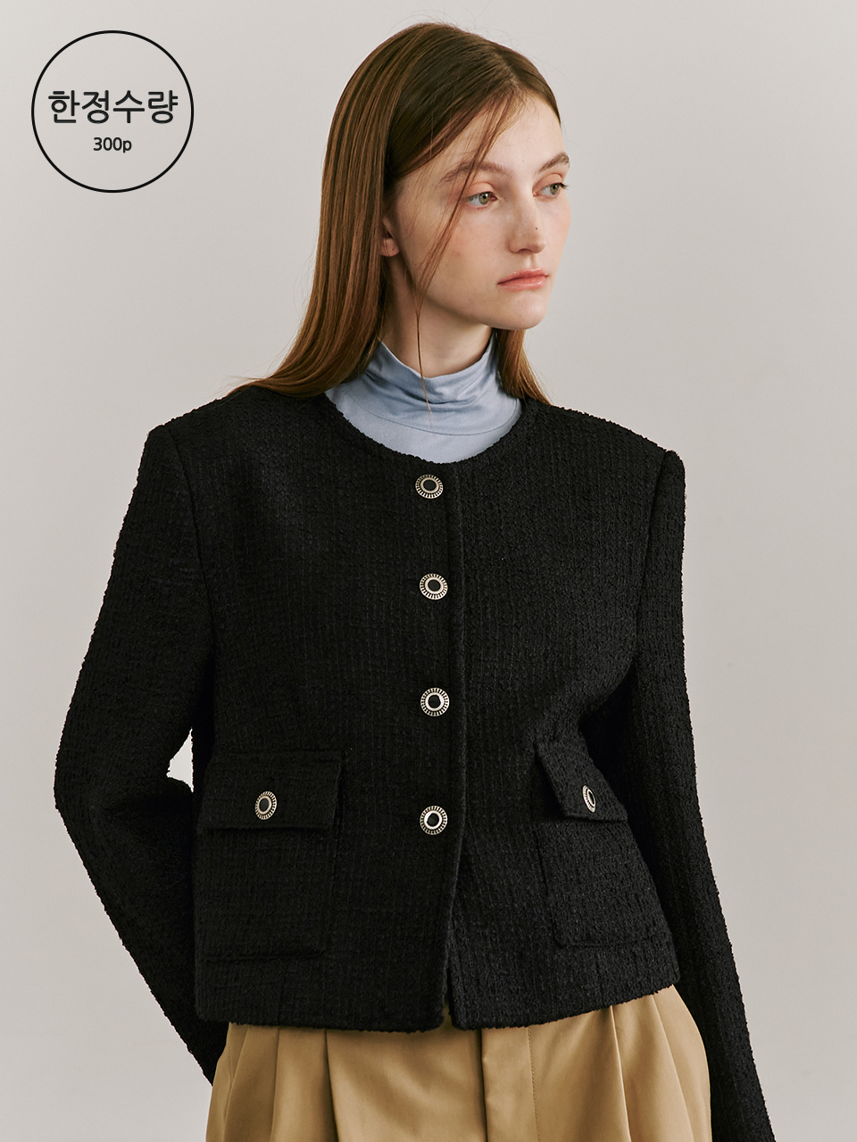[한정] Tweed Round Crop Jacket - Black