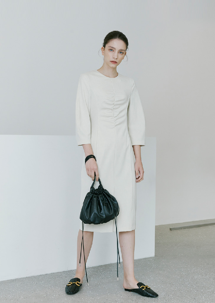 Round Sleeve Shirring Dress - Ivory