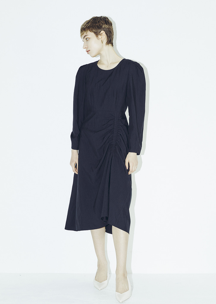 Long Sleeve Shirring Midi Dress - Black