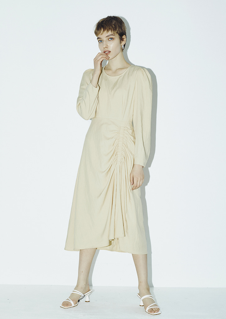 Long Sleeve Shirring Midi Dress - Light Beige