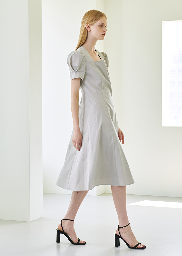 Square Neck Shirring Dress - Gray