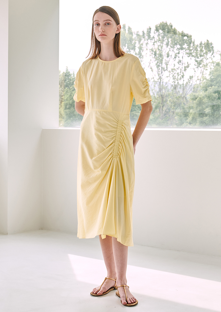 Shirring Midi Dress - Lemon Yellow