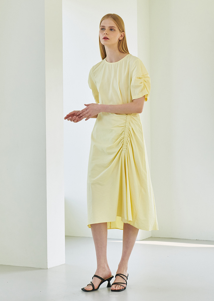 Shirring Midi Dress - Lemon Yellow