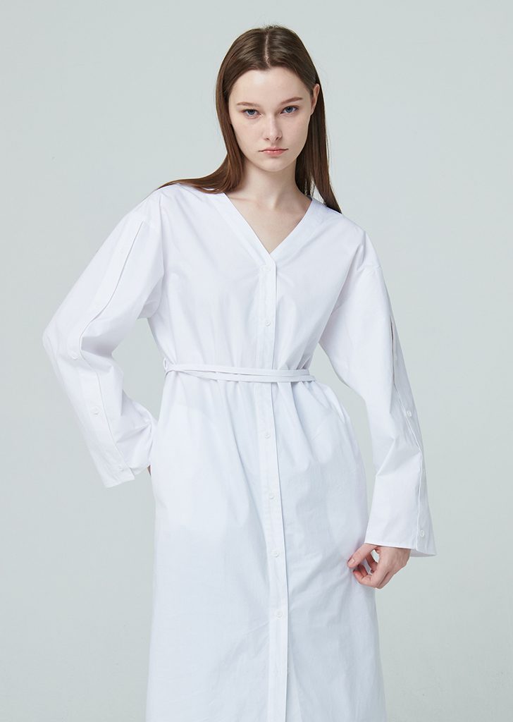 V Neck Shirt Long Dress - White