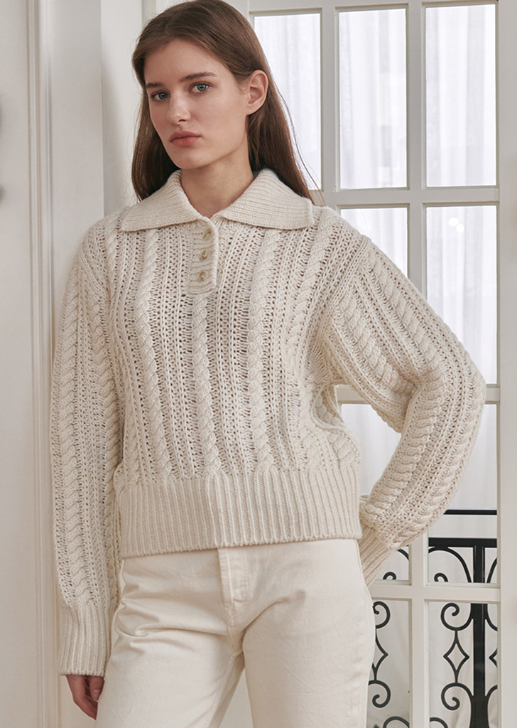 Cable Collar Wool Knit - Ivory