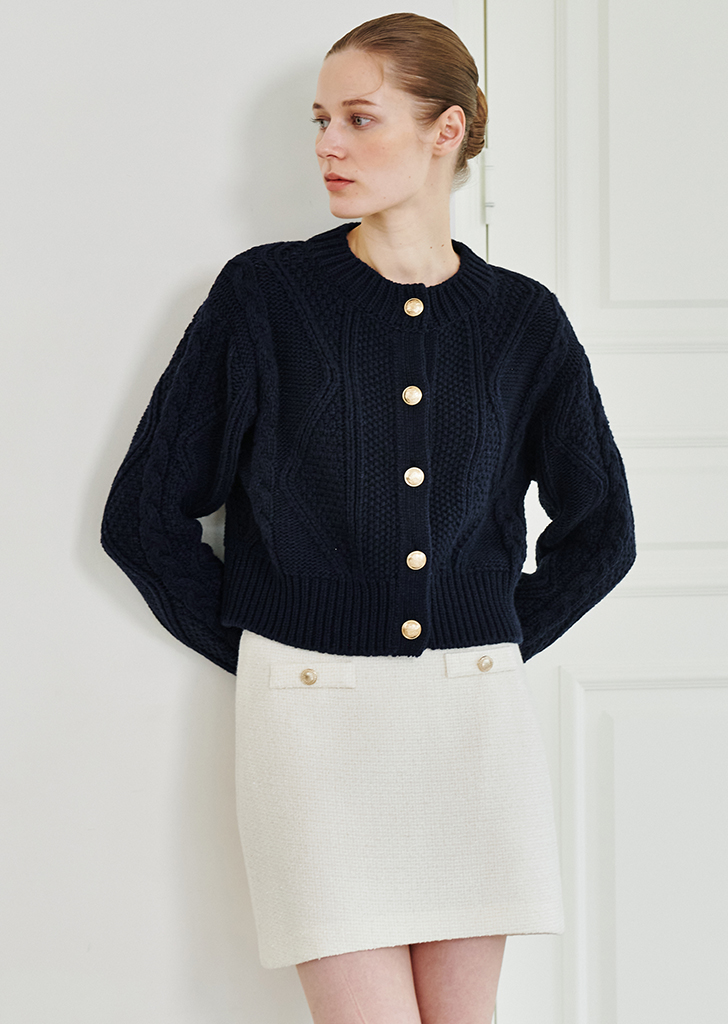 Cable Wool knit Cardigan-Navy